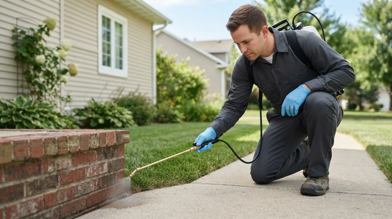Pest control technician treating a home near Wesley, AR
